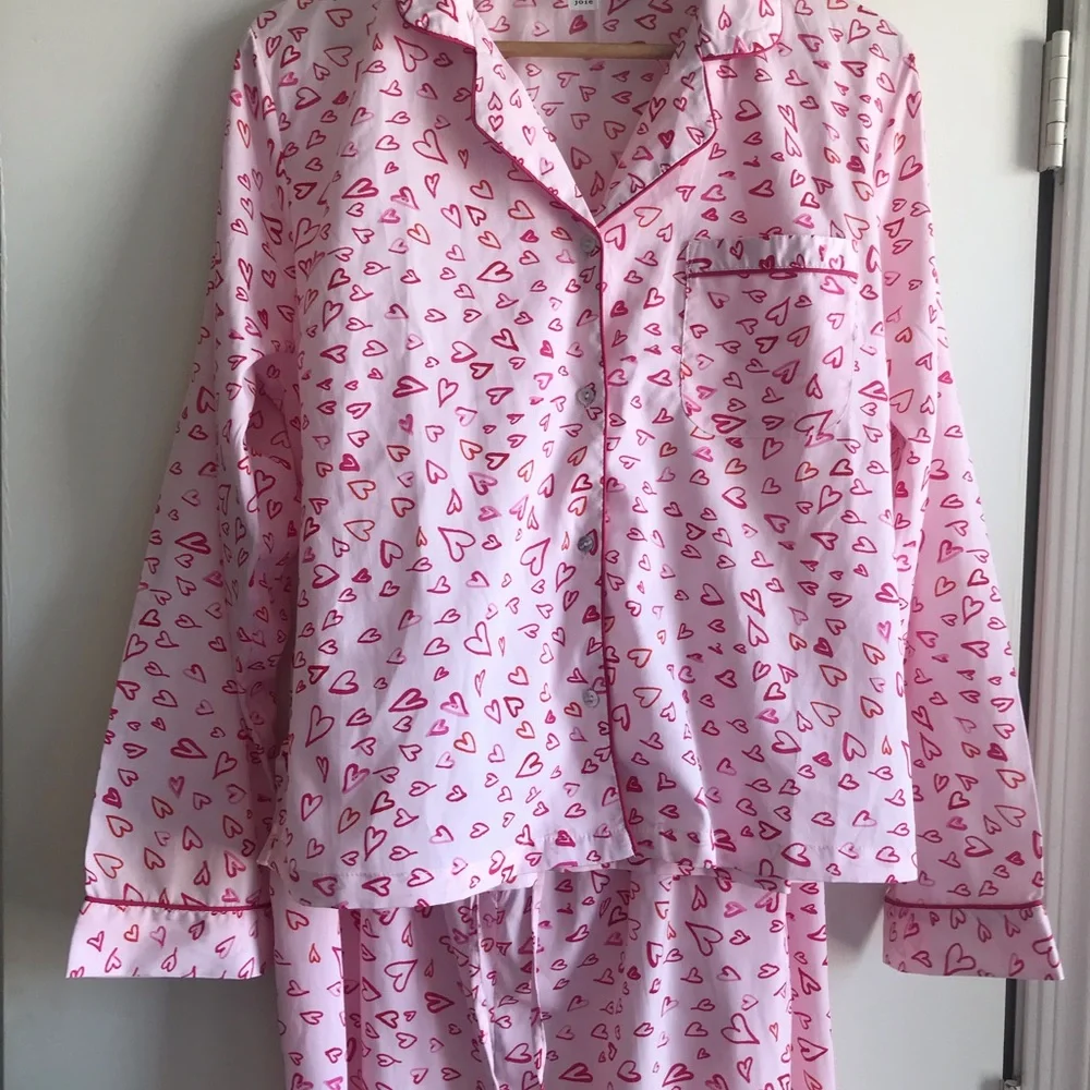 Joie Heart Love Pajama Set Long Sleeve Button Down Top & Pants w/ Pockets size L